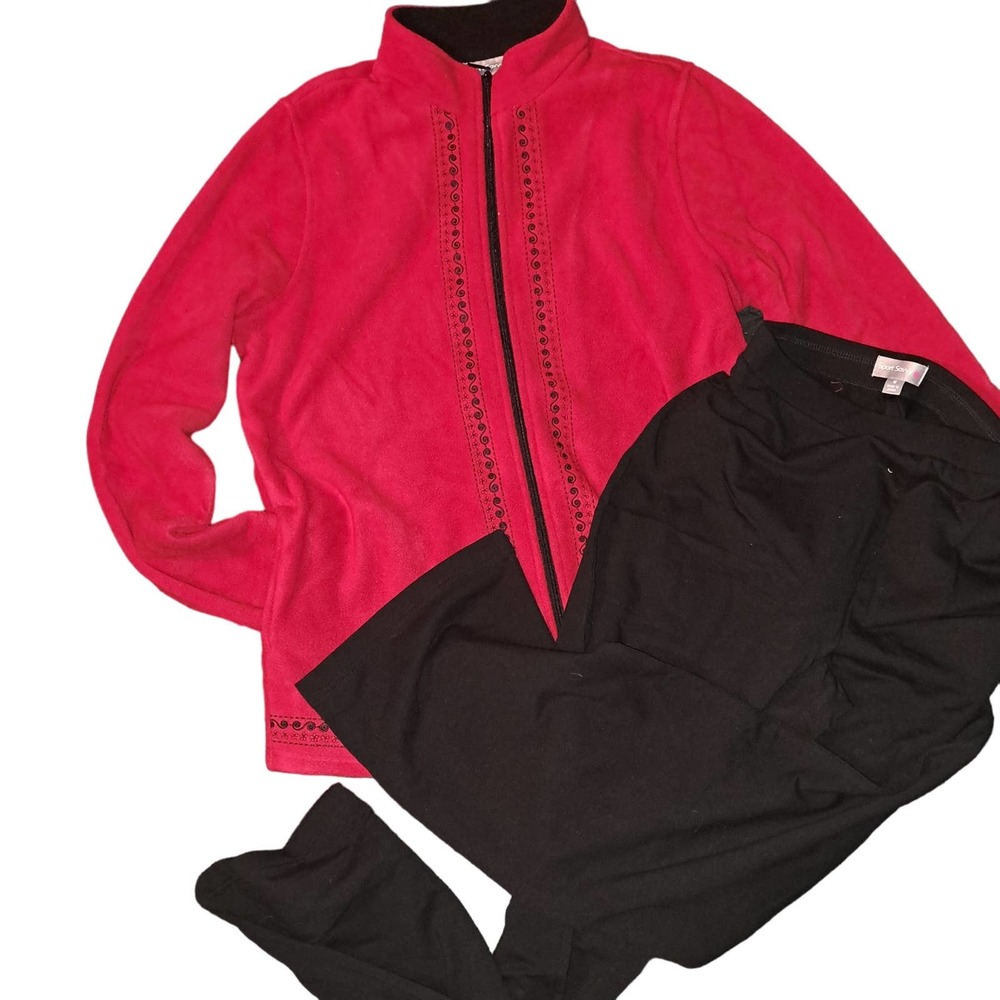 NWT- Sport Savvy Zip Front Fleece Embroidered Trim Warm Up Set Medium, Red/Black